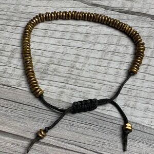 Gold Tone Disc Bead Adjustable Drawstring Bracelet Grey Cord Minimalist 5021